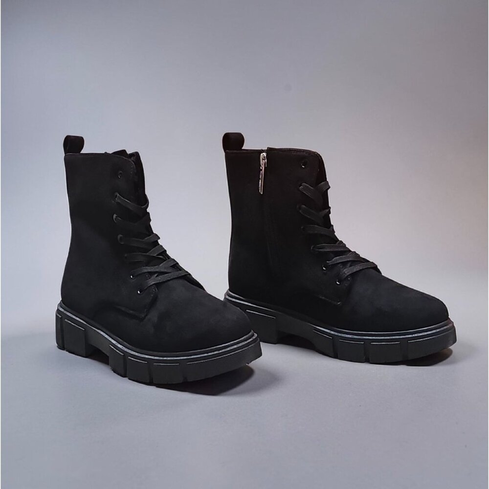 Black Chunky Platform Lace-Up Ankle Boots With Side Zipper Faux Suede Material W - Picture 2 of 7
